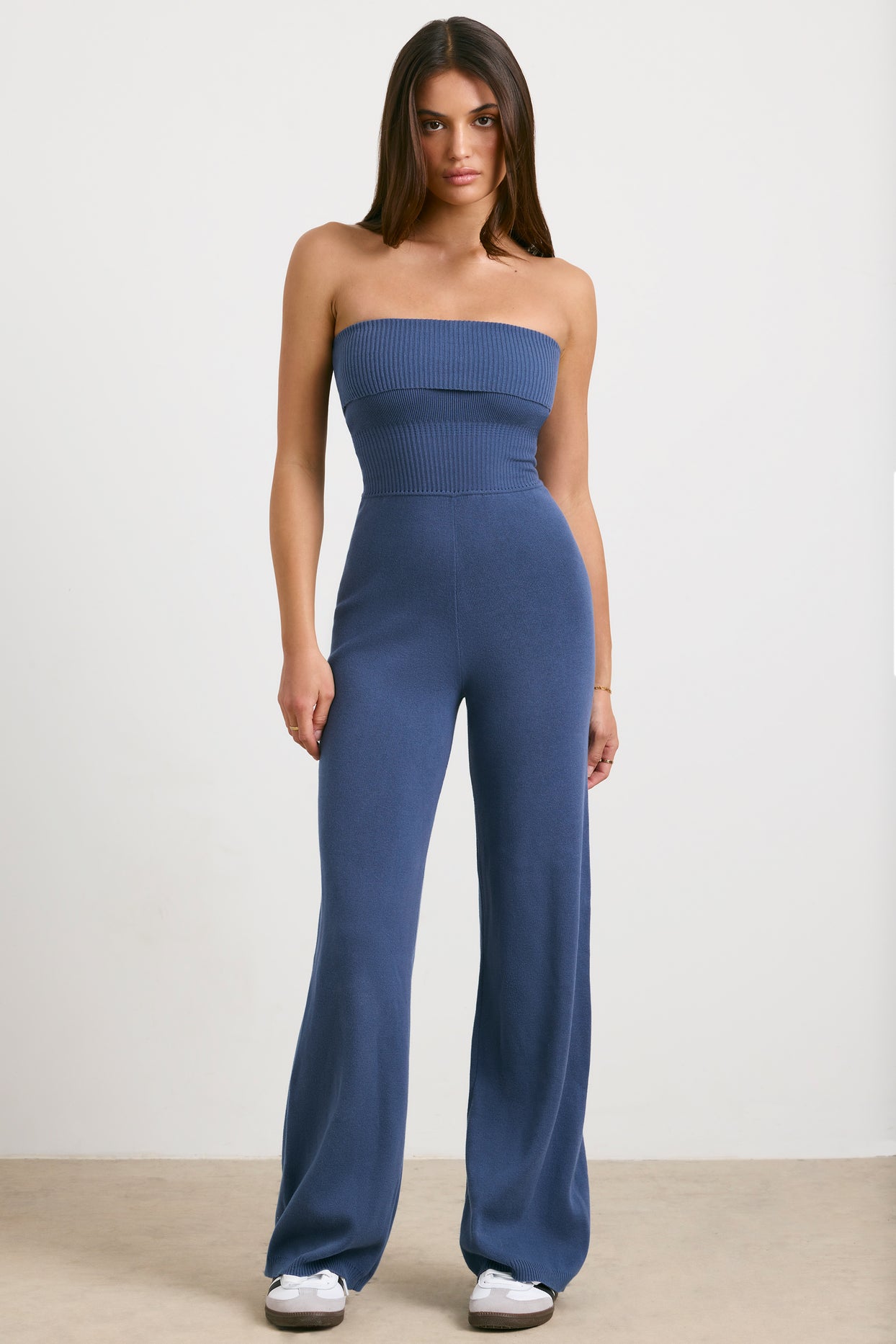 Petite Chunky Knit Kick Flare Unitard in Washed Navy