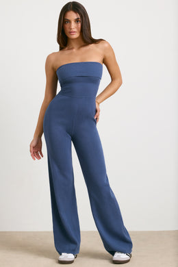 Petite Chunky Knit Kick Flare Unitard in Washed Navy