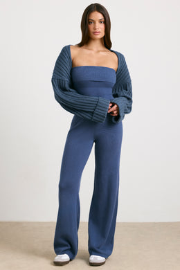 Chunky Knit Kick Flare Unitard in Washed Navy