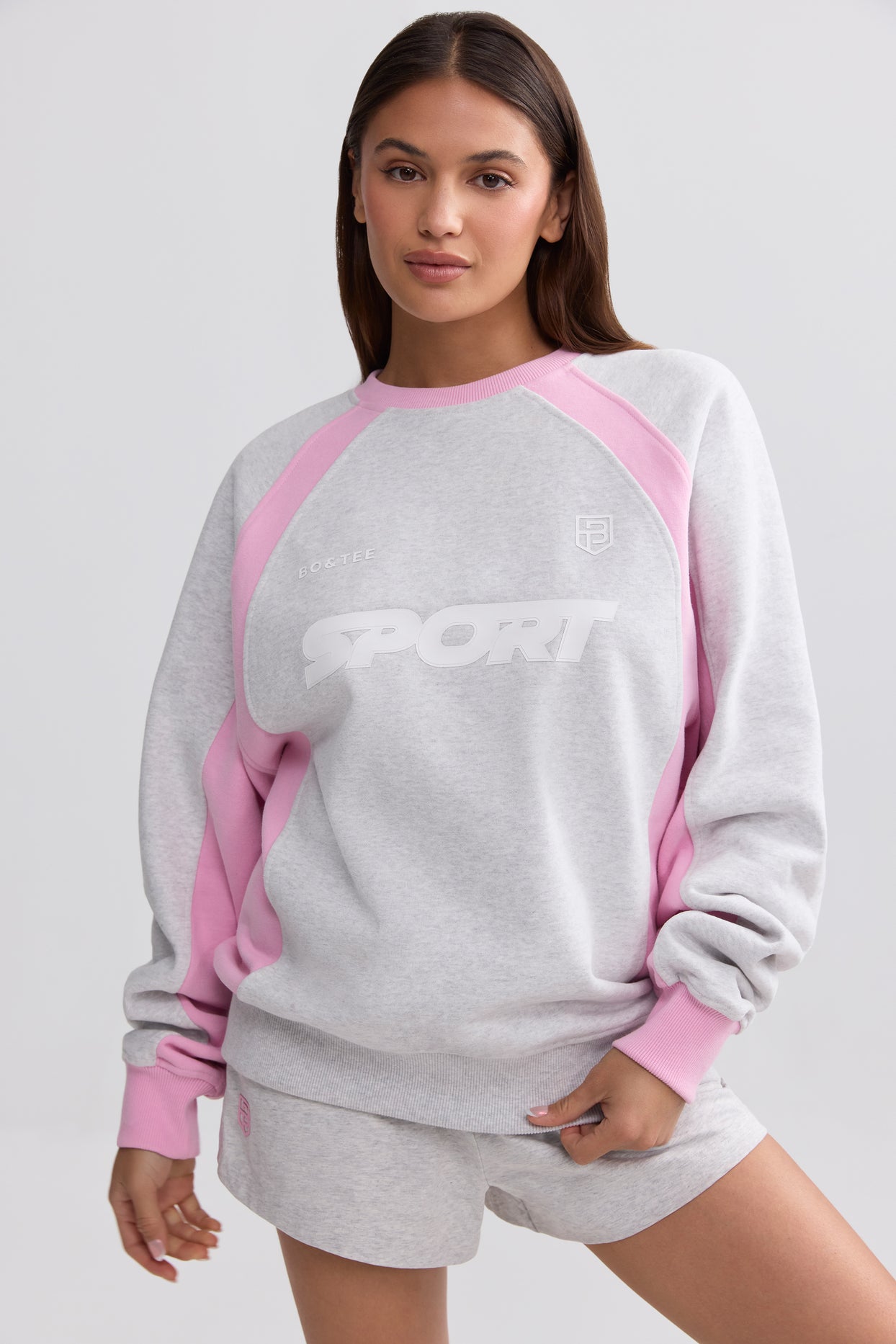 Soft Cotton Fleece Colourblock Oversized Sweatshirt in Grey Marl - 5