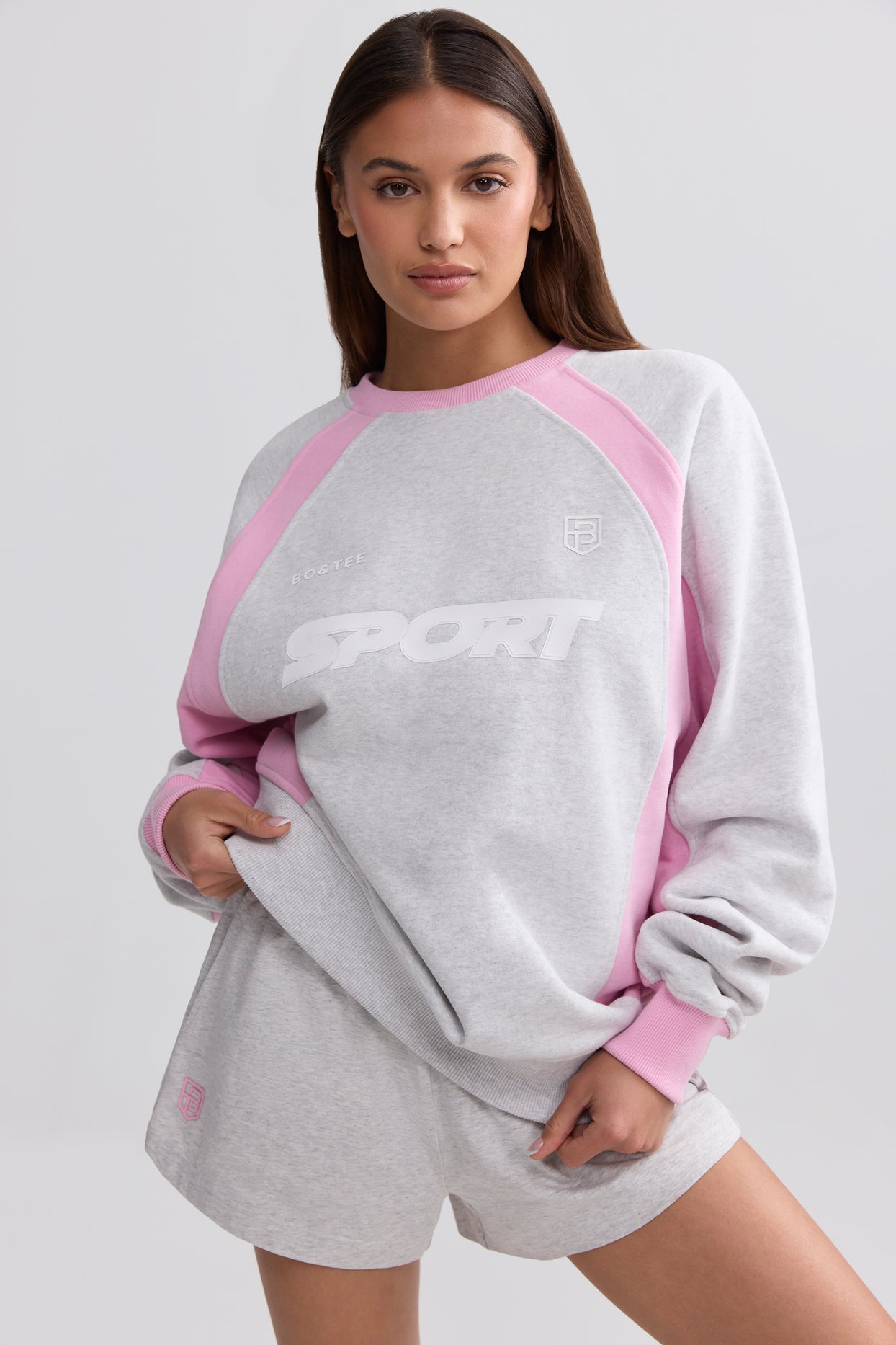 Soft Cotton Fleece Colourblock Oversized Sweatshirt in Grey Marl - 6