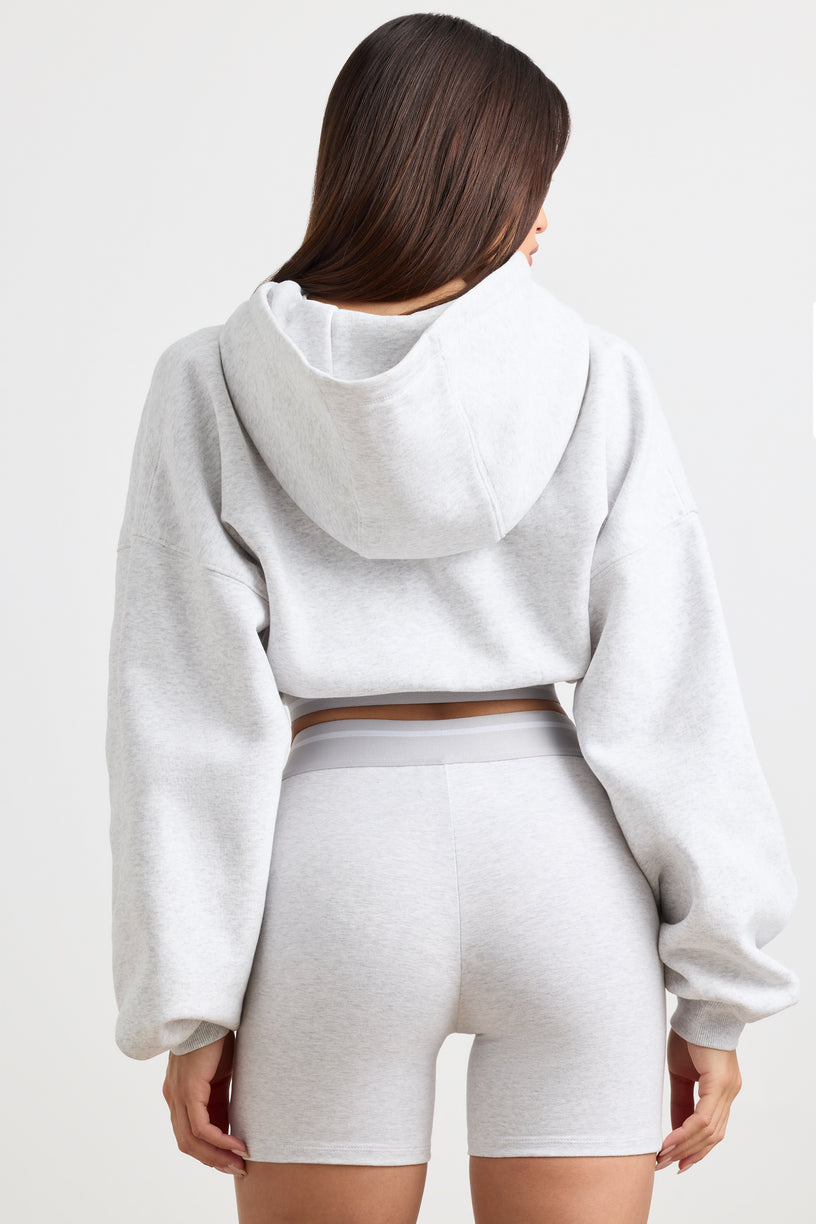 Stretch Cotton Fleece Cropped Hoodie in Grey Marl - 2
