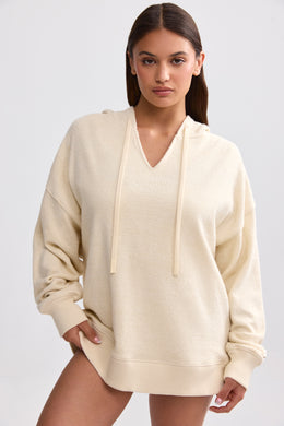 Terry Towelling V-Neck Hoodie in Cream