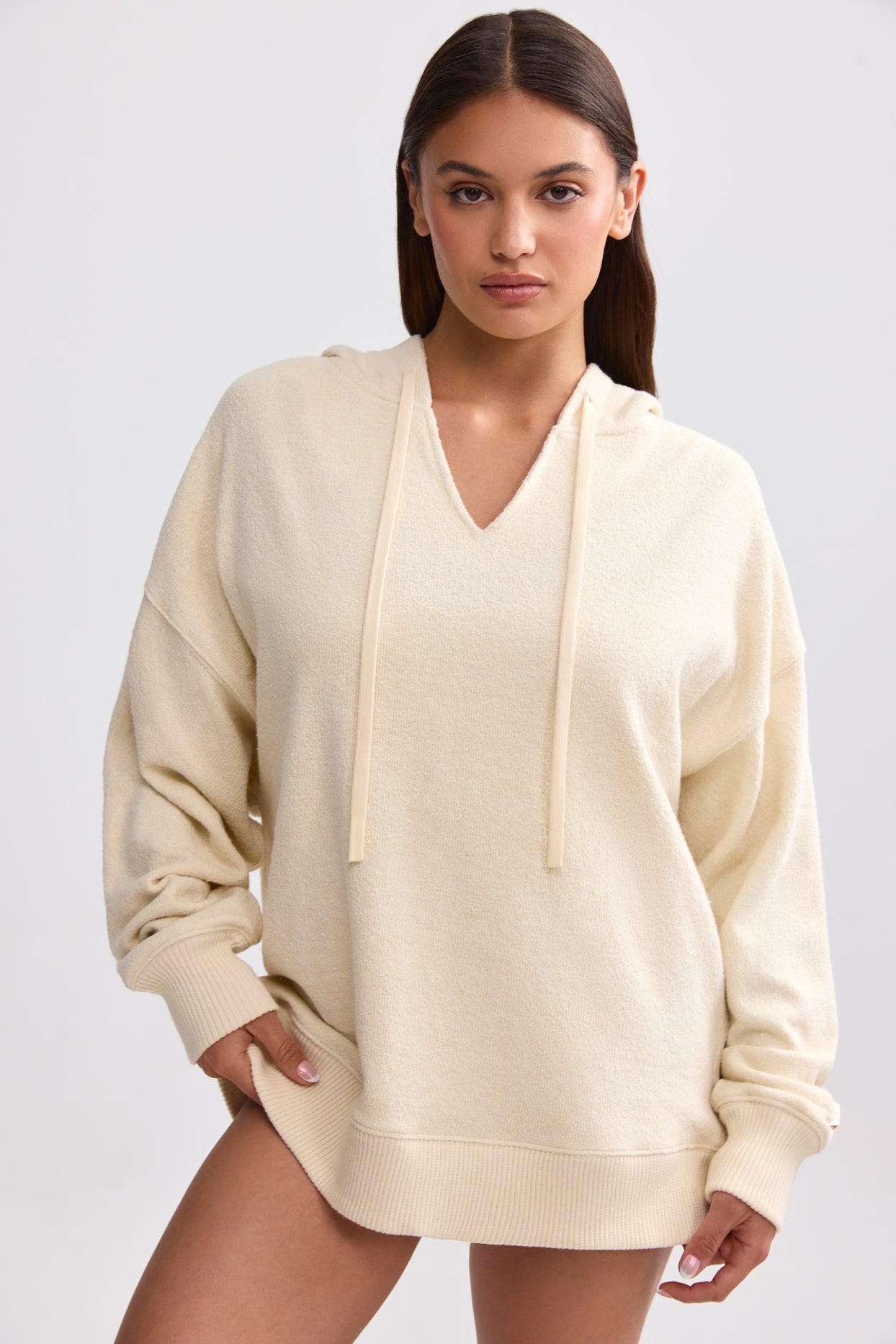 Terry Towelling V-Neck Hoodie in Cream - 6