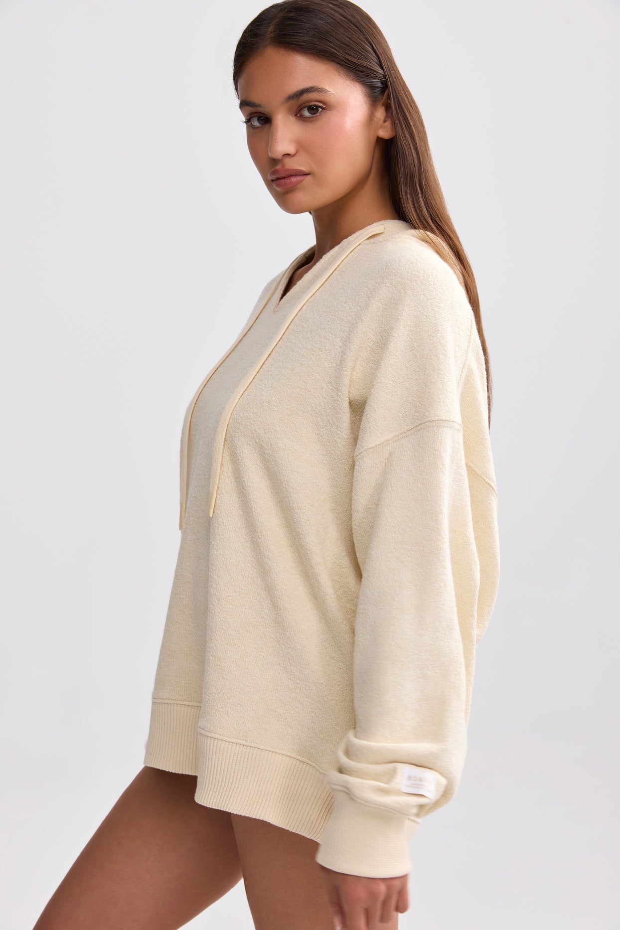 Terry Towelling V-Neck Hoodie in Cream - 3