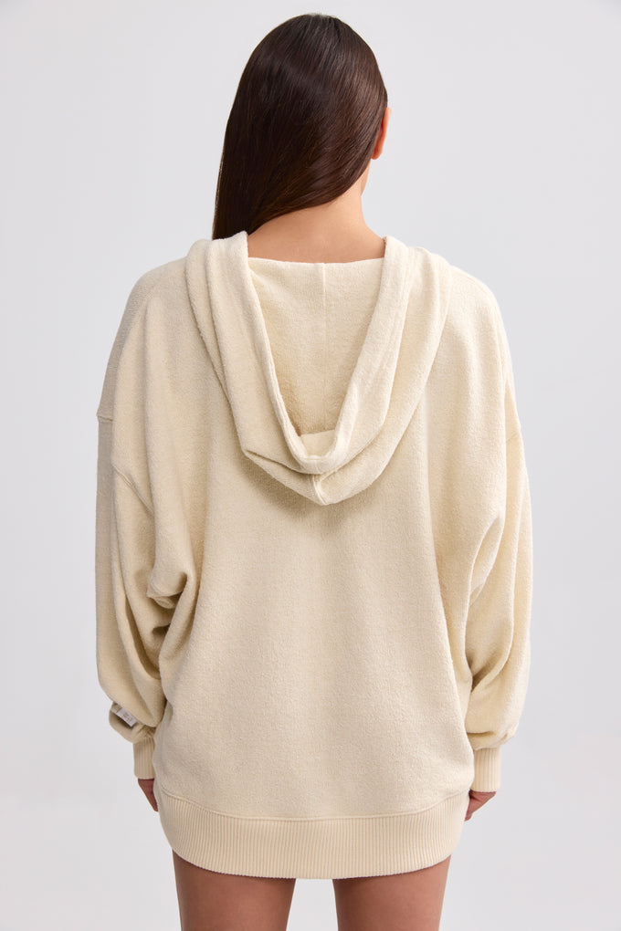 Terry Towelling V-Neck Hoodie in Cream
