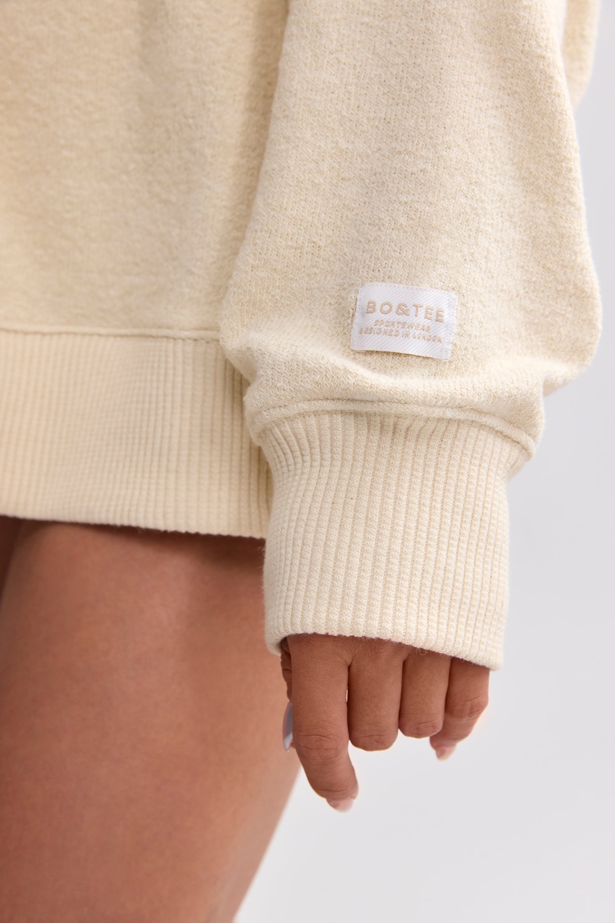 Terry Towelling V-Neck Hoodie in Cream - 4