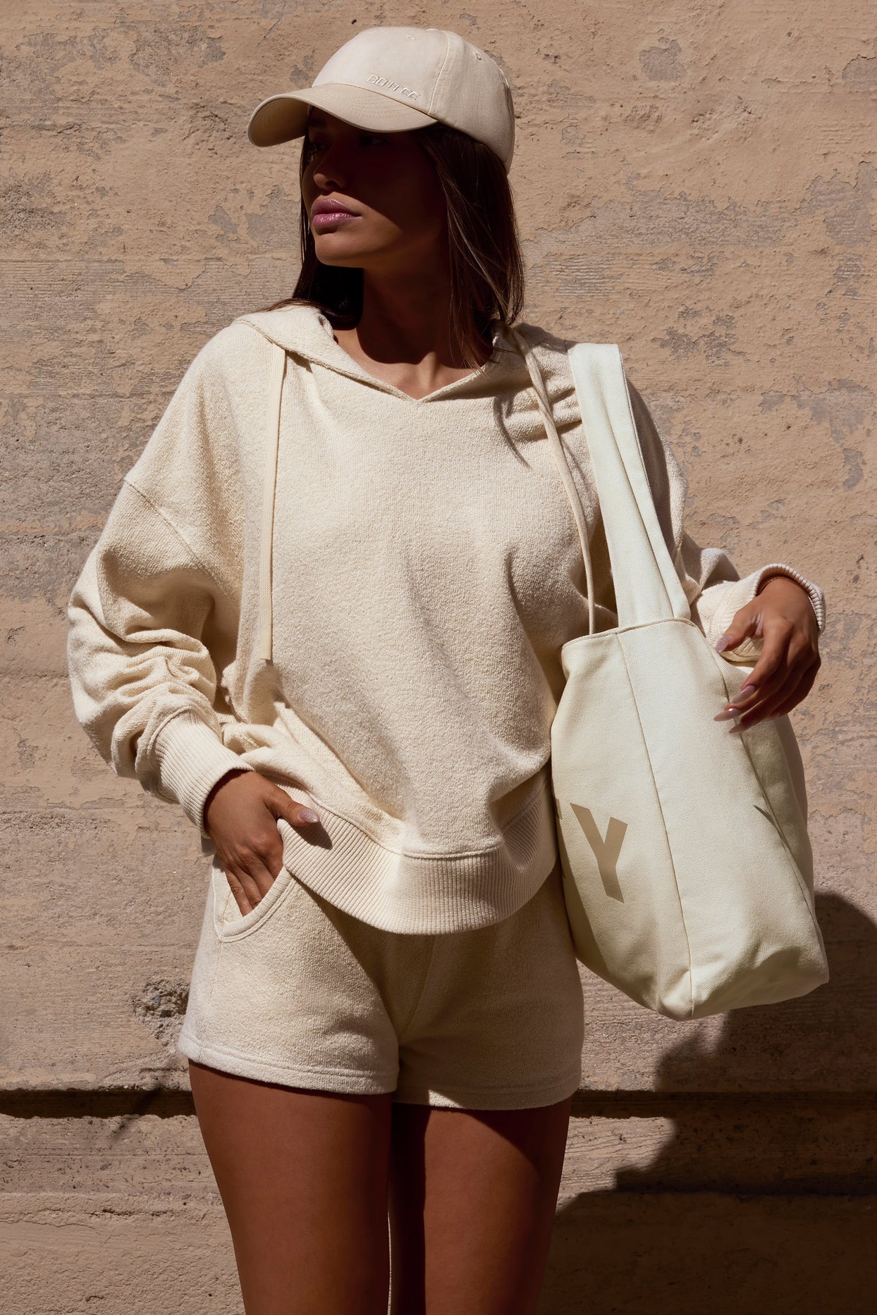 Terry Towelling V-Neck Hoodie in Cream - 1