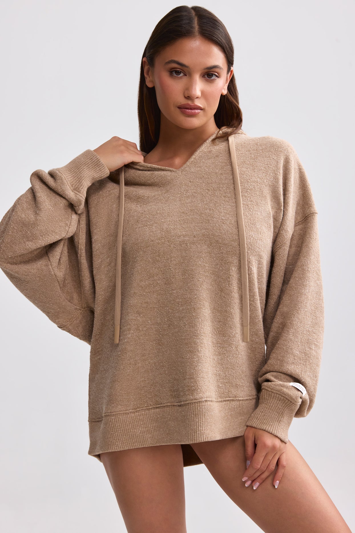 Terry Towelling V-Neck Hoodie in Mocha Brown - 6
