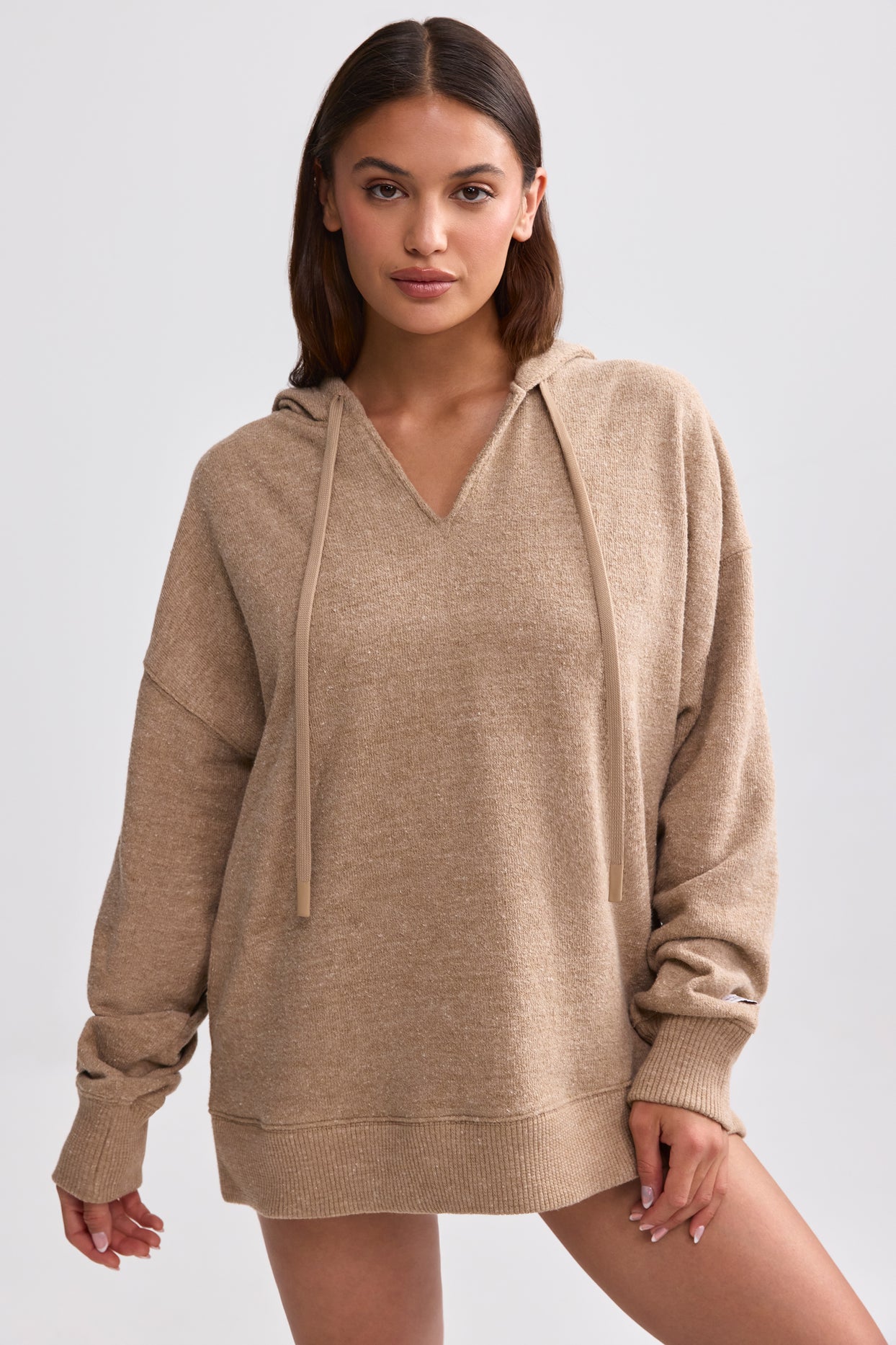 Terry Towelling V-Neck Hoodie in Mocha Brown - 7