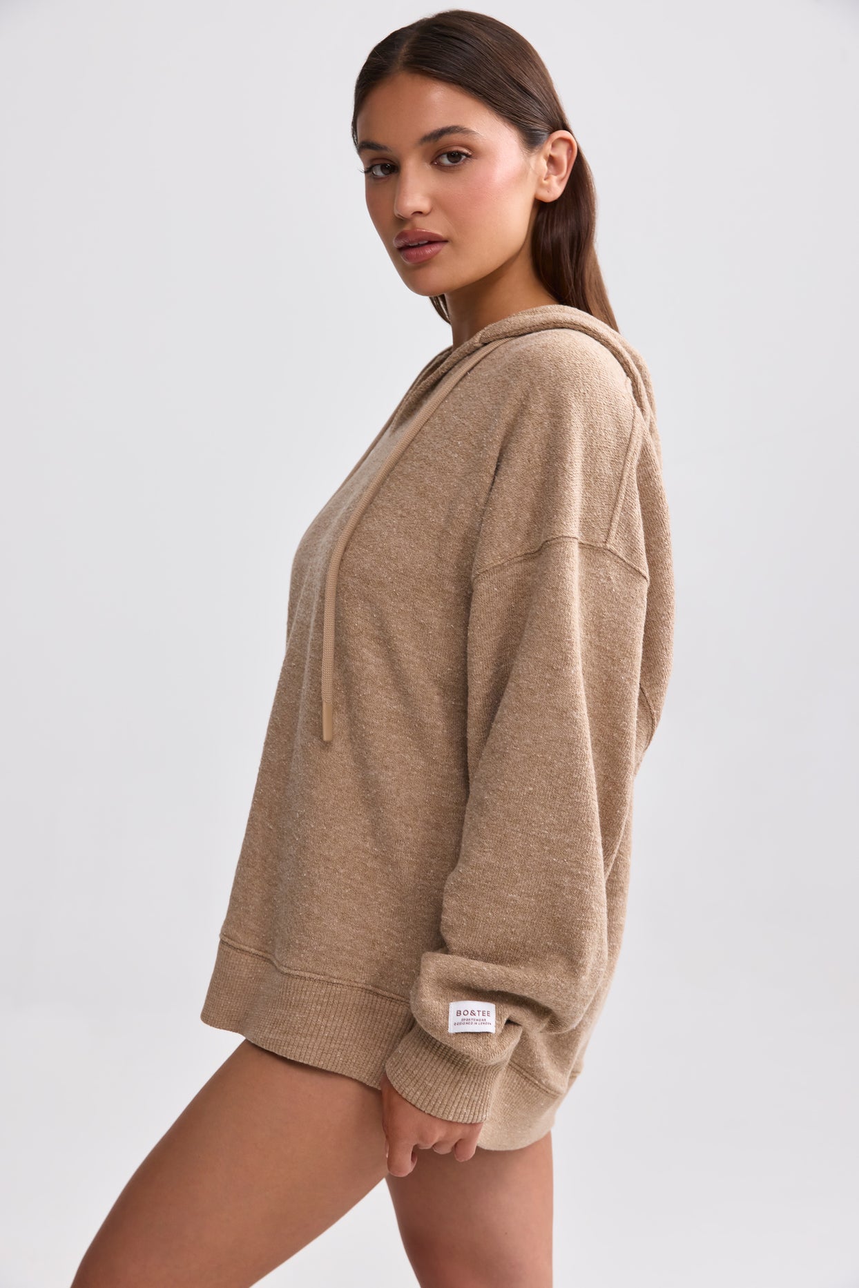 Terry Towelling V-Neck Hoodie in Mocha Brown - 3