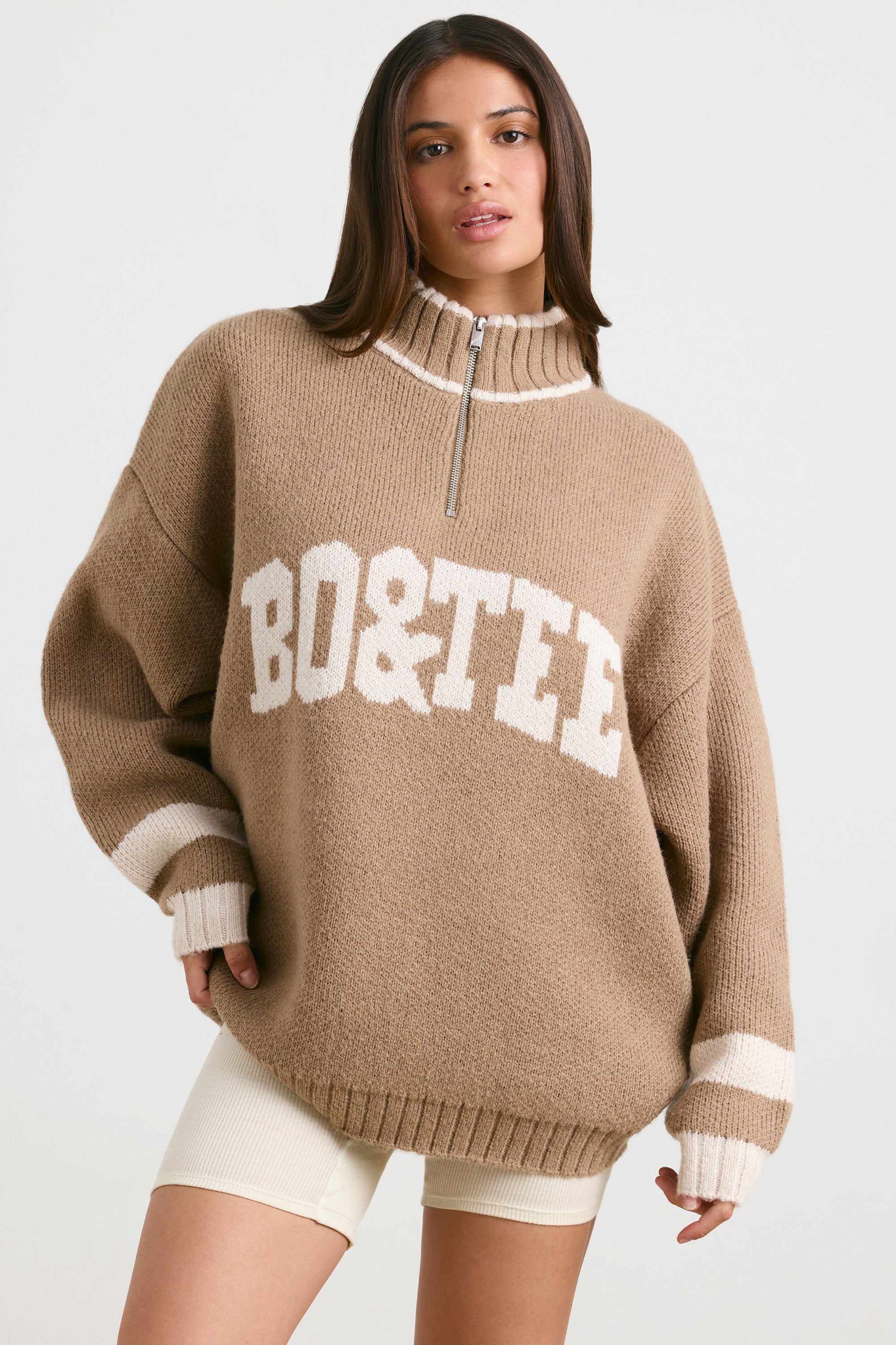 Oversized Quarter-Zip Chunky-Knit Jumper in Espresso | Oh Polly