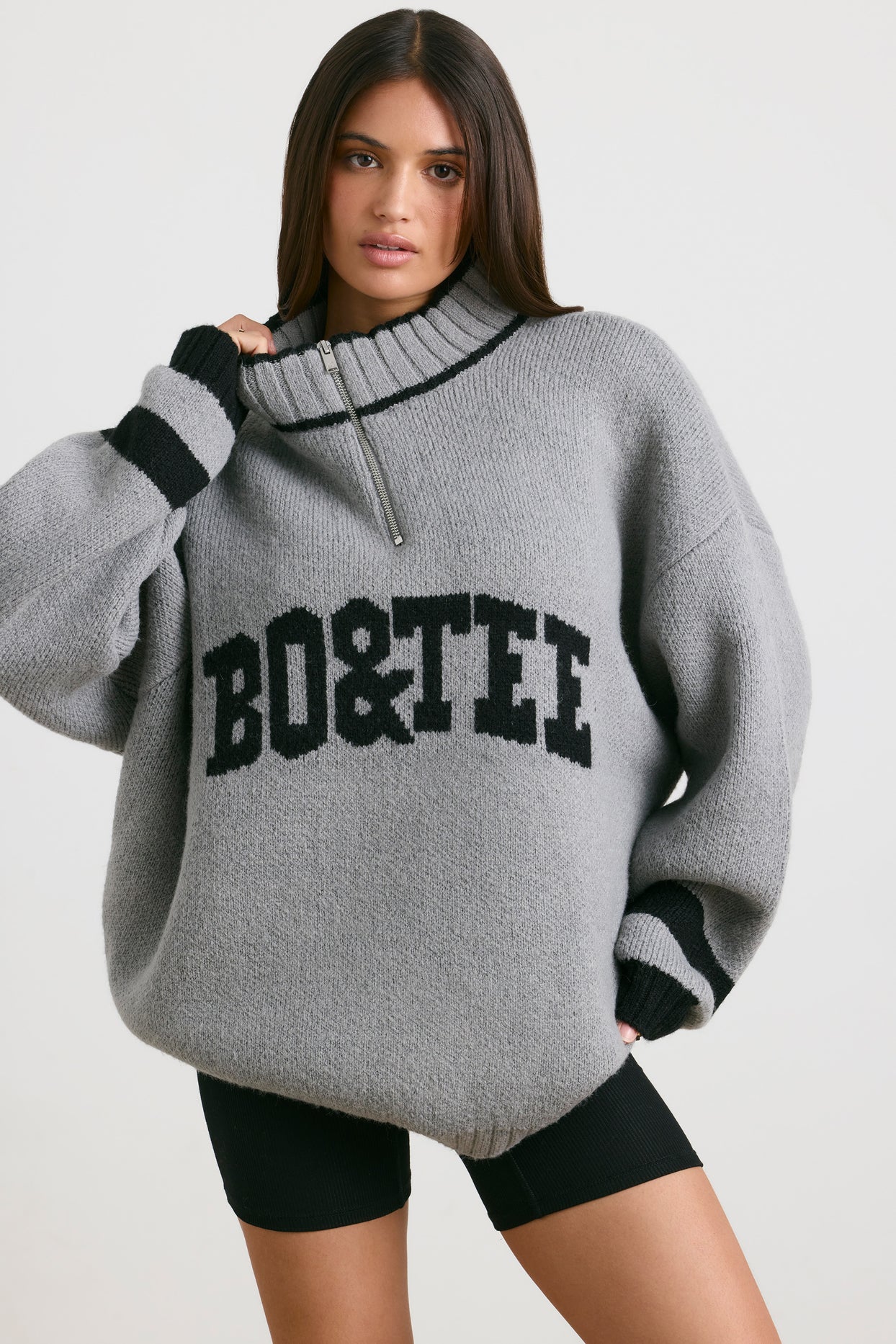 Casual Oversized Quarter-Zip Chunky-Knit Jumper in Heather Grey | Oh Polly
