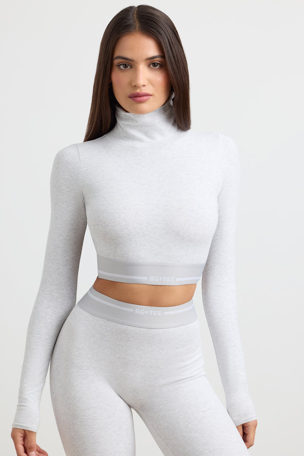 Backless Turtleneck Long-Sleeve Crop Top in Grey Marl - 1