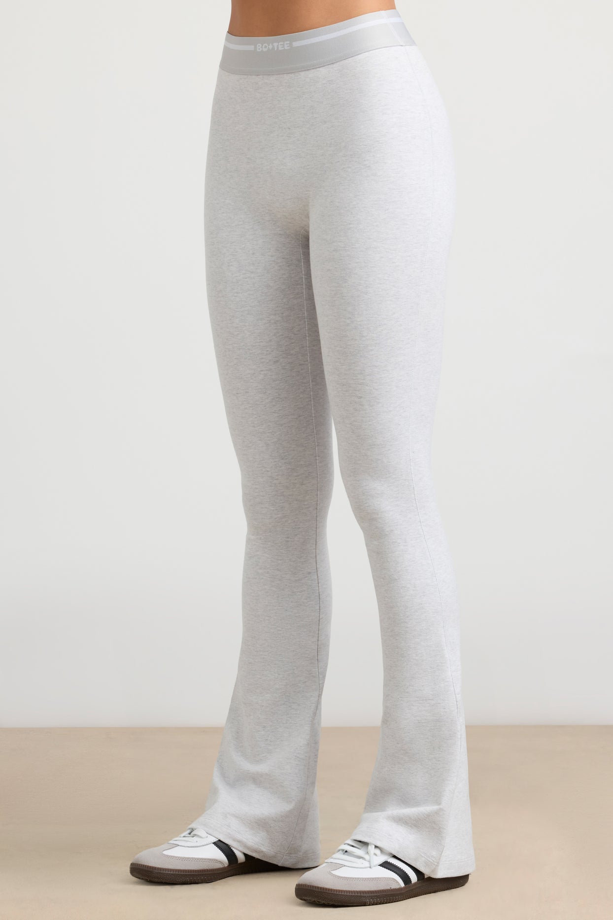 Stretch Cotton Jersey High-Waist Kick Flare Trousers in Grey Marl