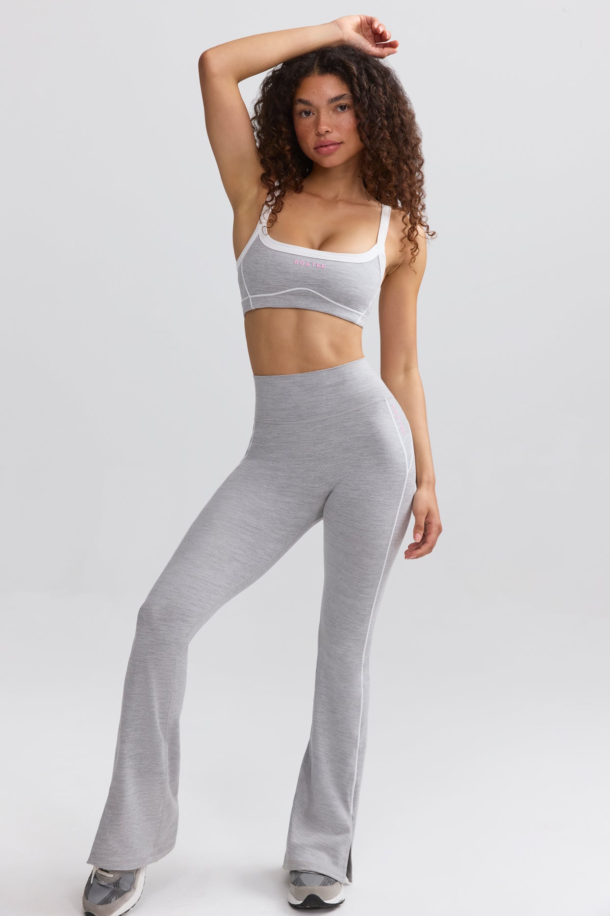 Soft Active Contrast-Trim Flared Trousers in Ice Grey