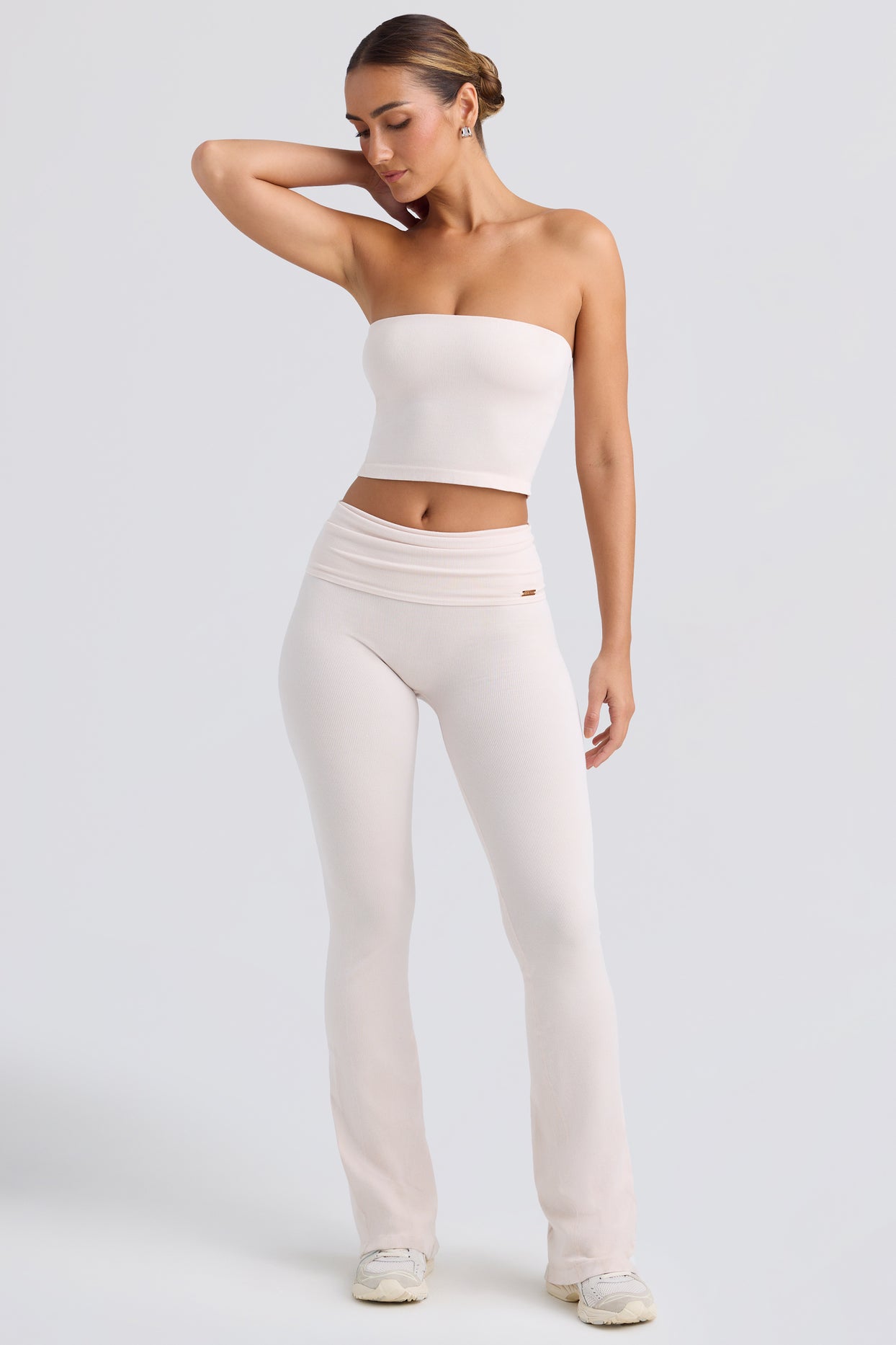 Foldover Flared Trousers in Washed Cream - 5