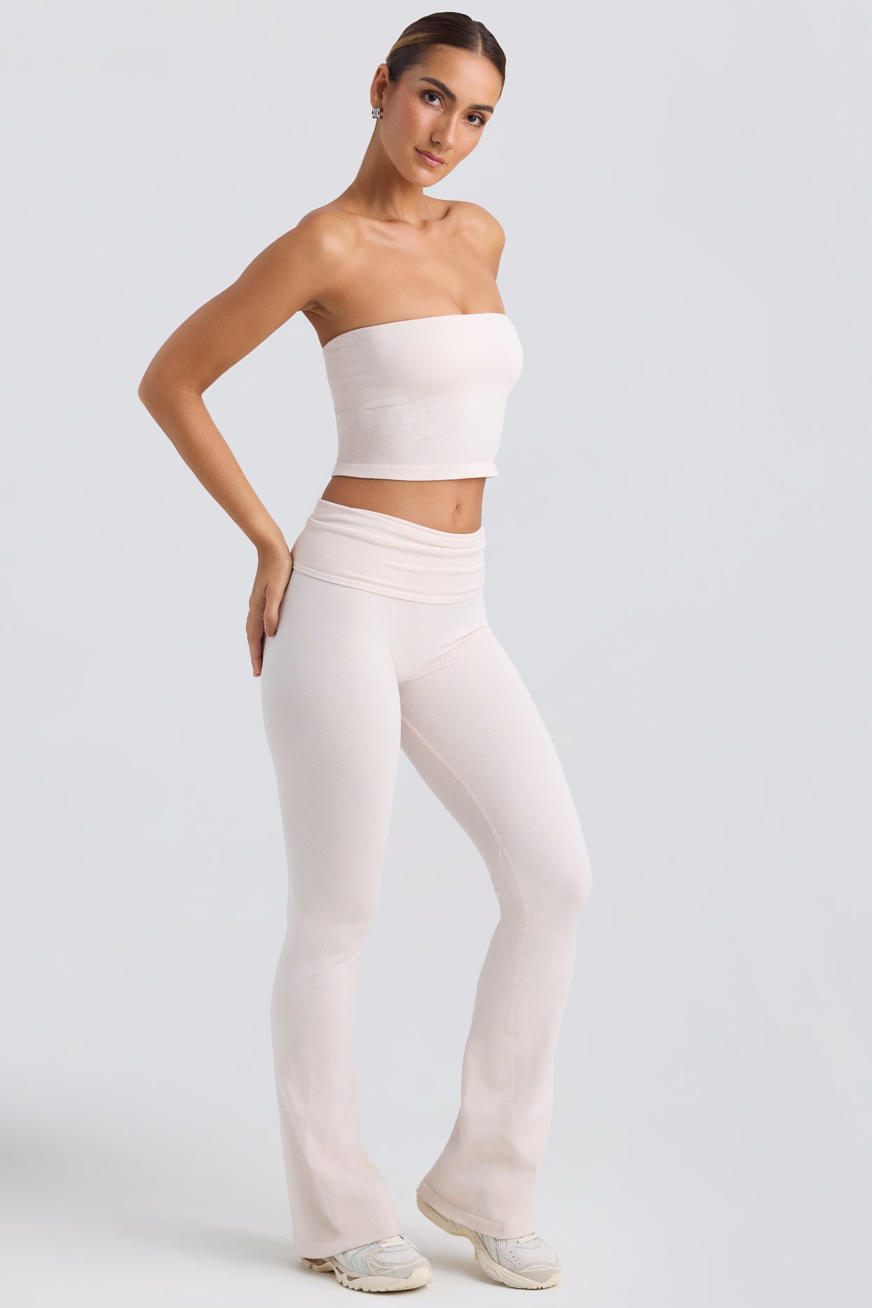 Foldover Flared Trousers in Washed Cream - 6