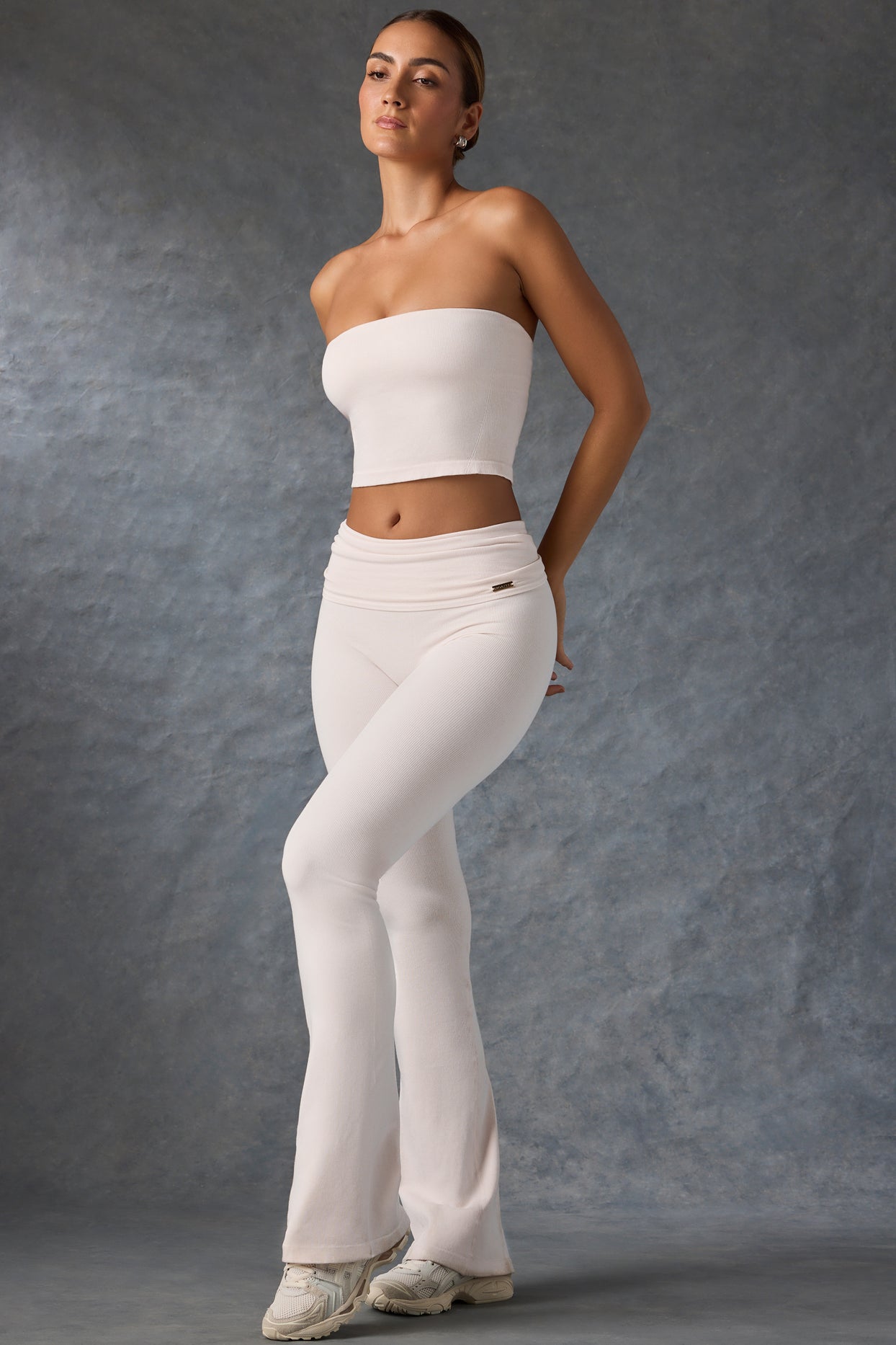 Foldover Flared Trousers in Washed Cream - 1