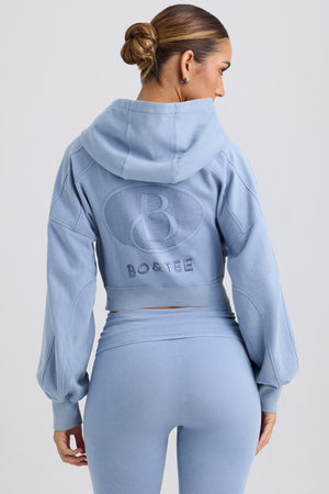 Brushed Jersey Zip-Up Cropped Hoodie in Washed Blue