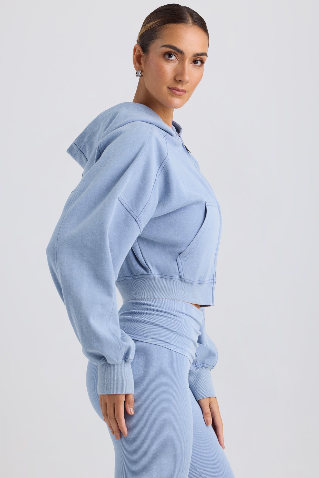 Brushed Jersey Zip-Up Cropped Hoodie in Washed Blue - 3