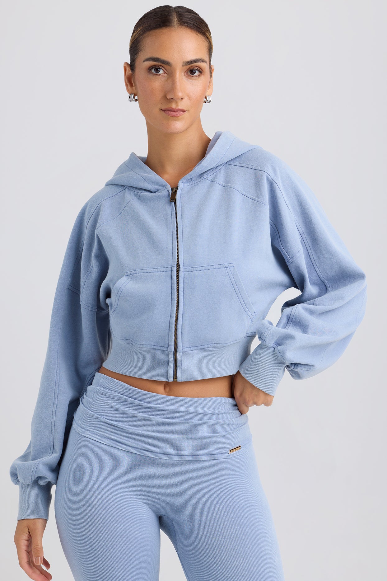 Brushed Jersey Zip-Up Cropped Hoodie in Washed Blue - 5