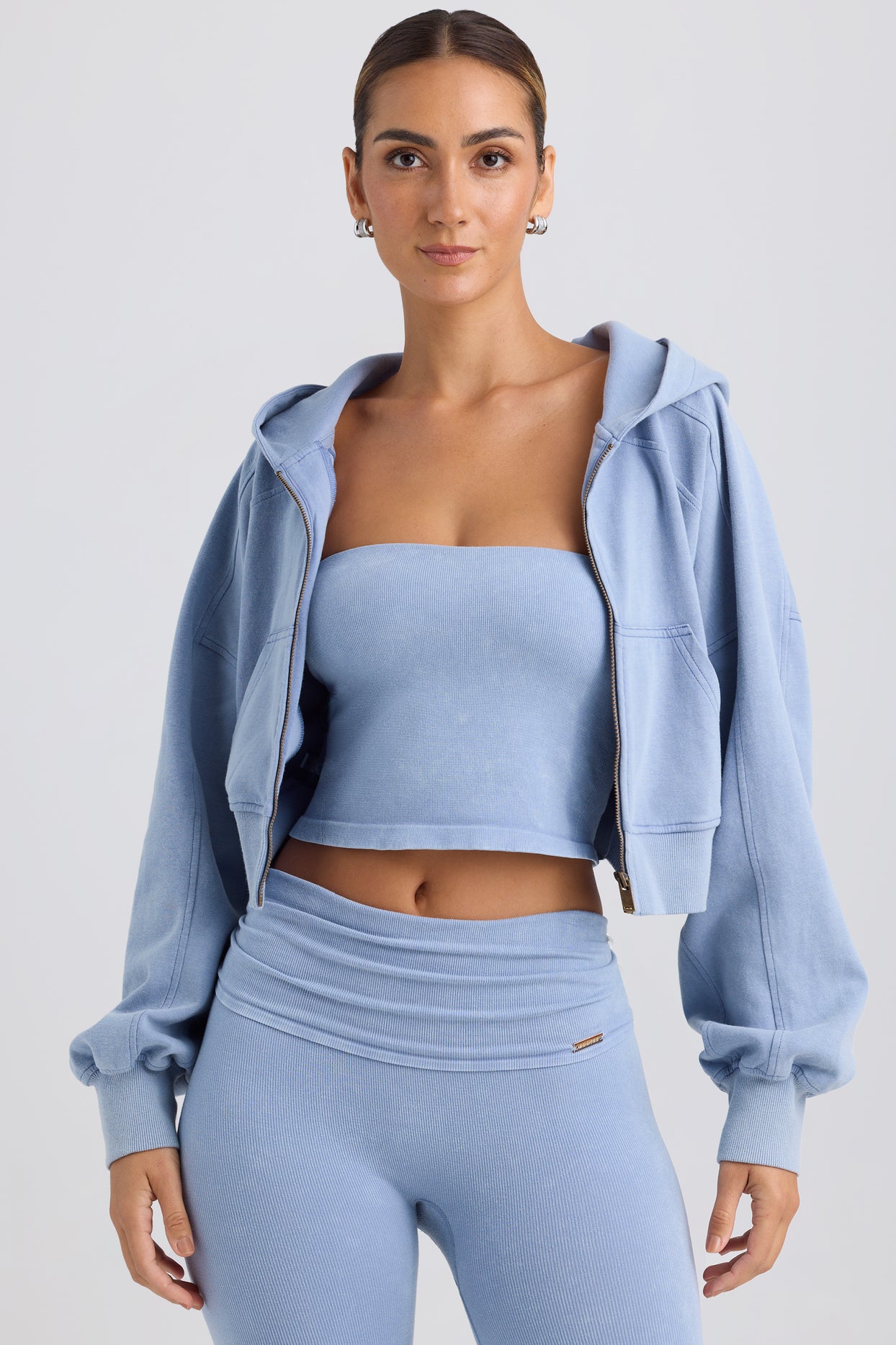 Brushed Jersey Zip-Up Cropped Hoodie in Washed Blue - 6