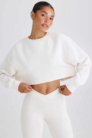 Textured Cotton Jersey Open-Back Cropped Sweatshirt in White