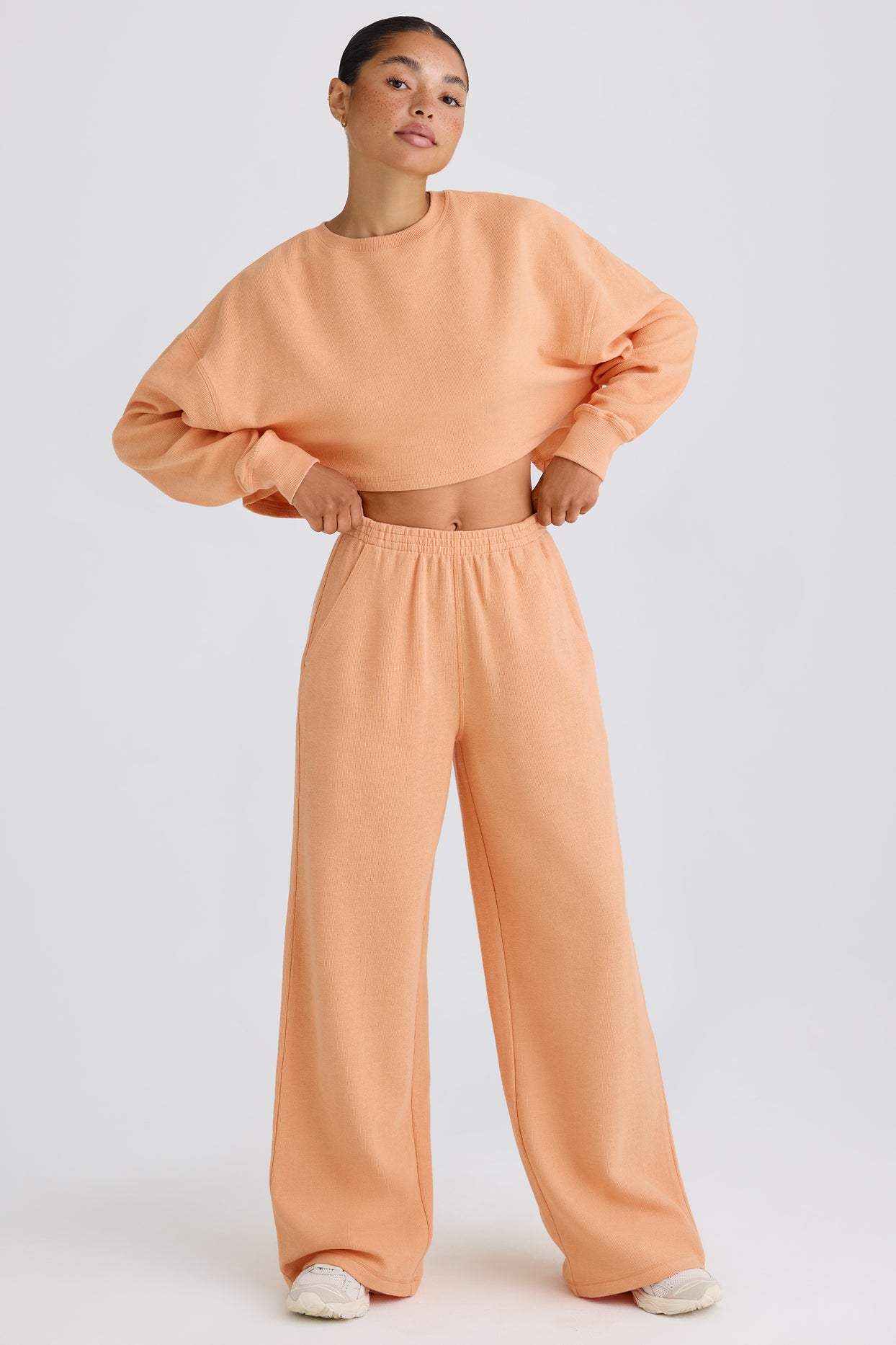 Textured Cotton Jersey Straight-Leg Joggers in Peach - 1