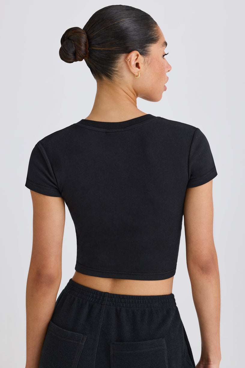 Stretch Cotton Jersey Graphic Print Cropped T-Shirt in Black - 2