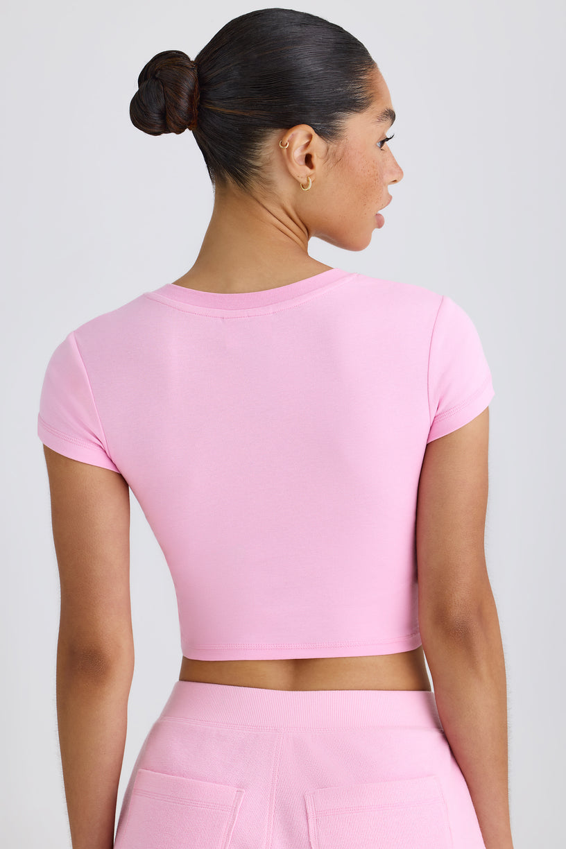 Stretch Cotton Jersey Graphic Print Cropped T-Shirt in Bubblegum Pink - 2