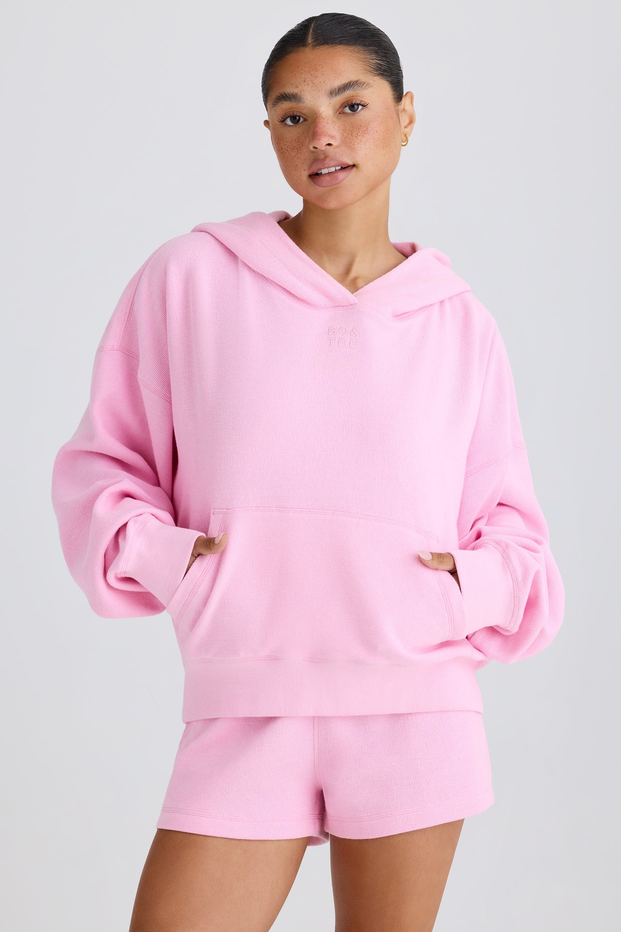 Textured Cotton Jersey Graphic Print Hoodie in Bubblegum Pink - 2