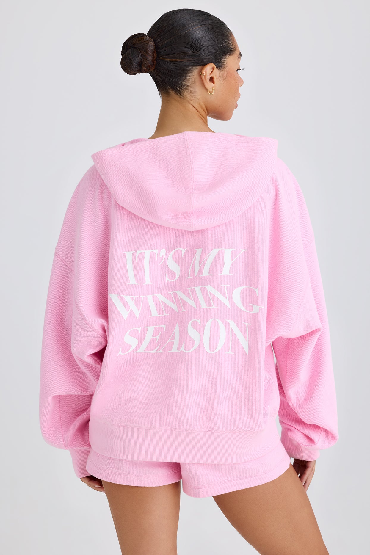 Textured Cotton Jersey Graphic Print Hoodie in Bubblegum Pink - 1