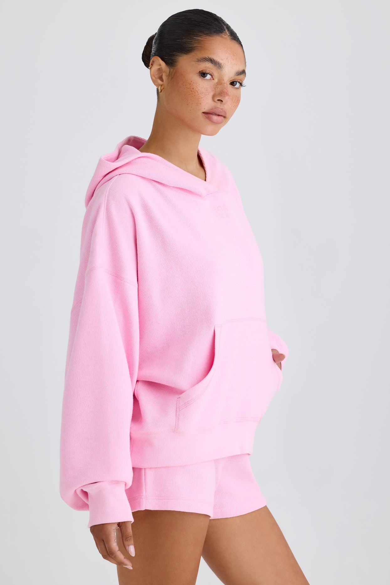 Textured Cotton Jersey Graphic Print Hoodie in Bubblegum Pink - 3