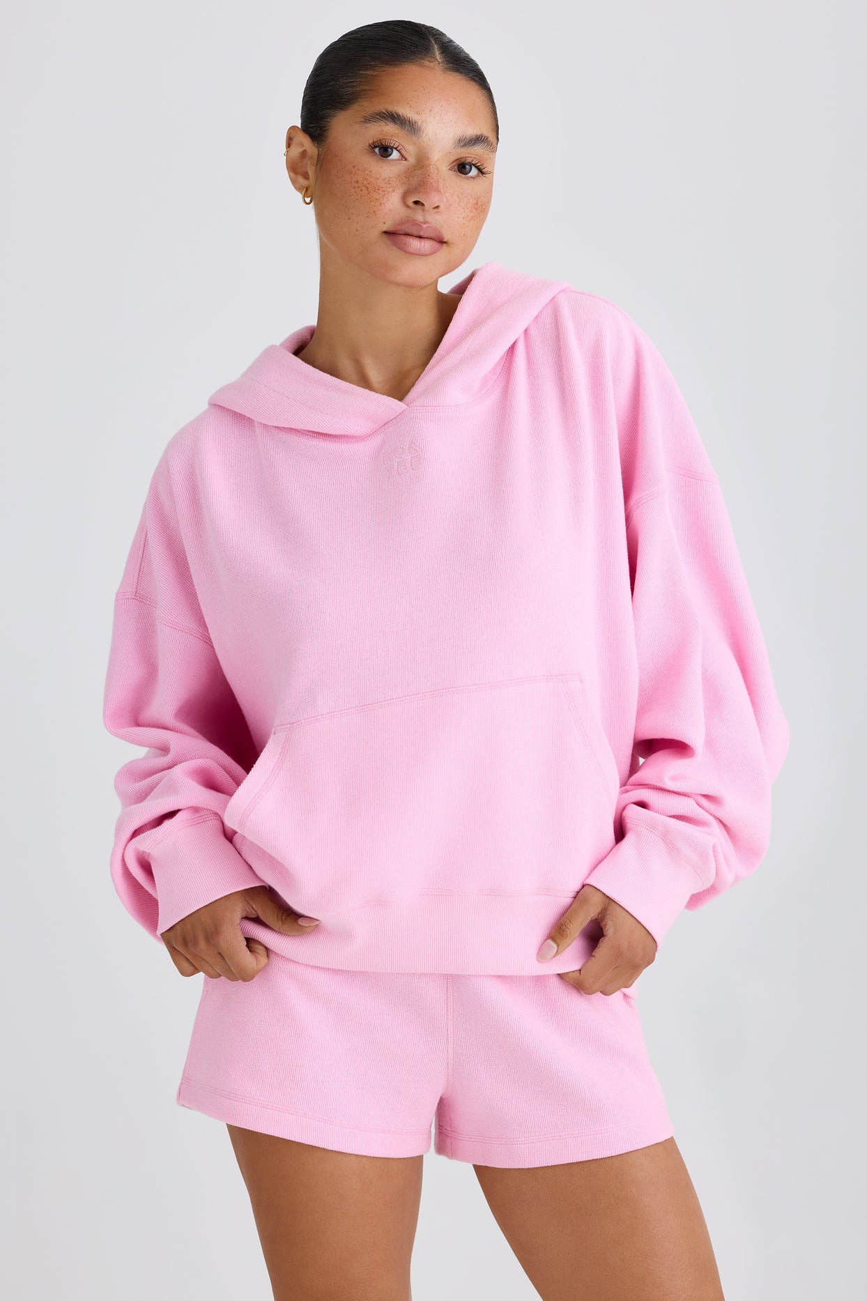 Textured Cotton Jersey Graphic Print Hoodie in Bubblegum Pink - 8