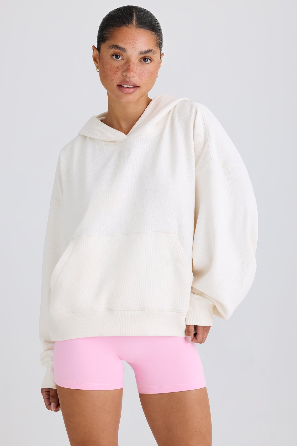 Textured Cotton Jersey Graphic Print Hoodie in White - 2