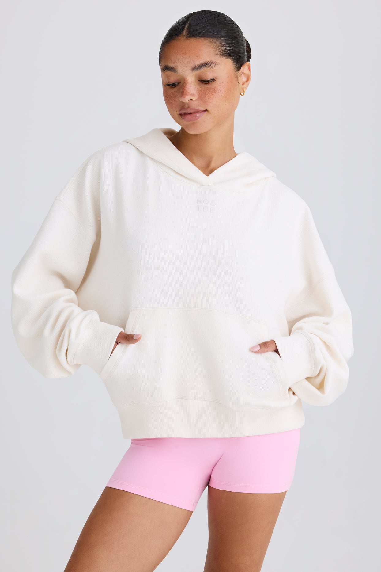 Textured Cotton Jersey Graphic Print Hoodie in White - 7