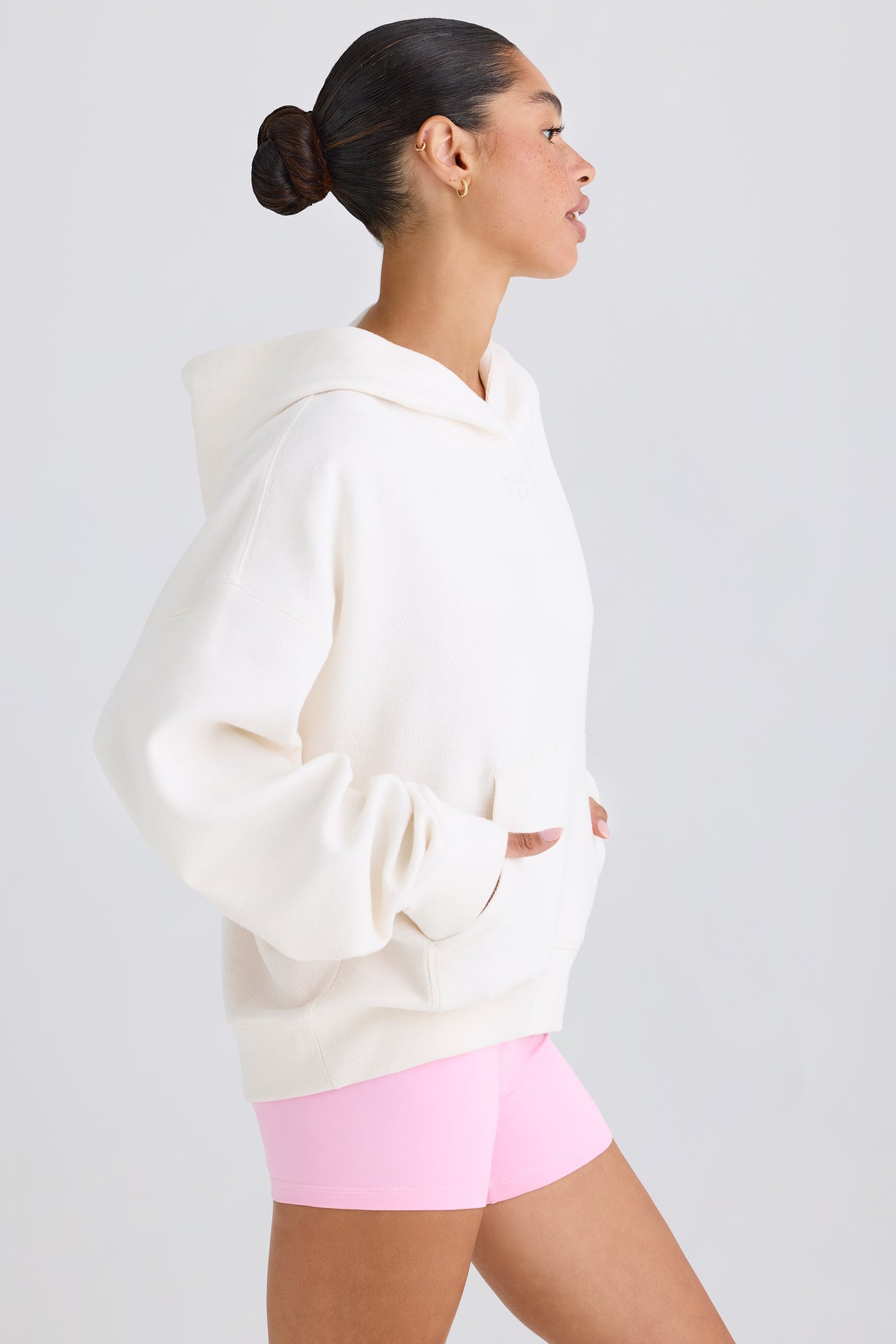 Textured Cotton Jersey Graphic Print Hoodie in White - 3