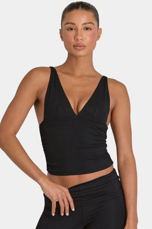 Bo+Tee model Kiele wearing the BT16360__Black Full Top in Black Ribbed Modal fabric perfect for yoga sessions