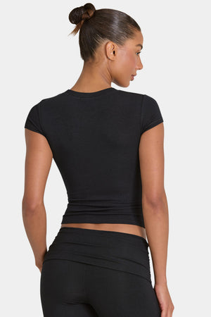 Bo+Tee model Kiele wearing the BT16367__Black T-Shirt in Black Ribbed Modal fabric perfect for brunch with friends