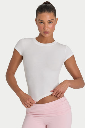 Bo+Tee model Kiele wearing the BT16367__Ivory T-Shirt in Ivory Ribbed Modal fabric perfect for relaxed home lounging