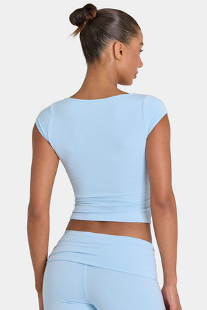 Bo+Tee model Kiele wearing the BT16372__LightBlue Full Top in Light Blue Modal fabric perfect for pilates class