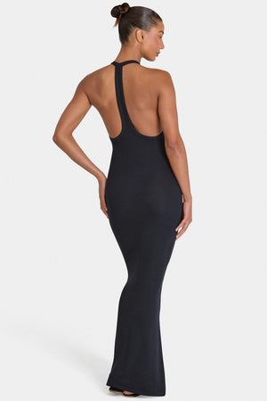 Bo+Tee model Kiele wearing the BT16374__Black Maxi Dress in Black Ribbed Modal fabric perfect for evening events