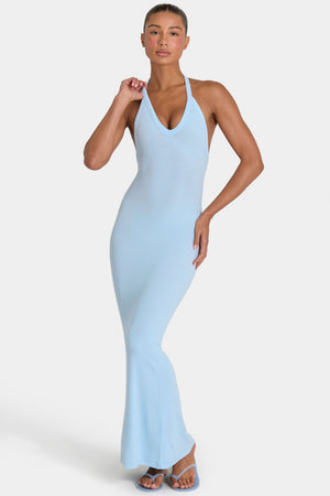 Bo+Tee model Kiele wearing the BT16374__LightBlue Maxi Dress in Light Blue Ribbed Modal fabric perfect for brunch with friends