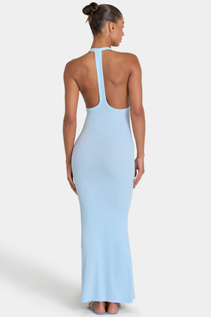 Bo+Tee model Kiele wearing the BT16374__LightBlue Maxi Dress in Light Blue Ribbed Modal fabric perfect for garden parties