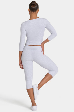 Bo+Tee model Kiele wearing the BT16390A__LightGreyMarl Leggings in Light Grey Marl Ribbed Modal fabric perfect for casual outings