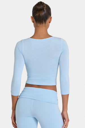 Bo+Tee model Kiele wearing the BT16395__LightBlue Full Top in Light Blue Modal fabric perfect for weekend coffee dates