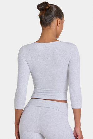 Bo+Tee model Kiele wearing the BT16395A__LightGreyMarl Full Top in Light Grey Marl Ribbed Modal fabric perfect for coffee dates