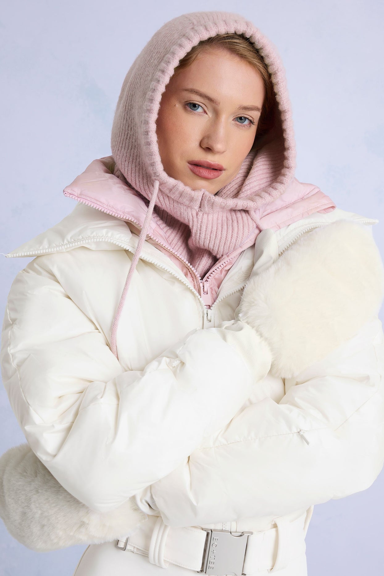 Knit Drawstring Balaclava in Powder Pink - 1