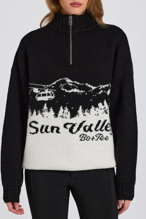 Knit Quarter-Zip Turtleneck Oversized Jumper in Black